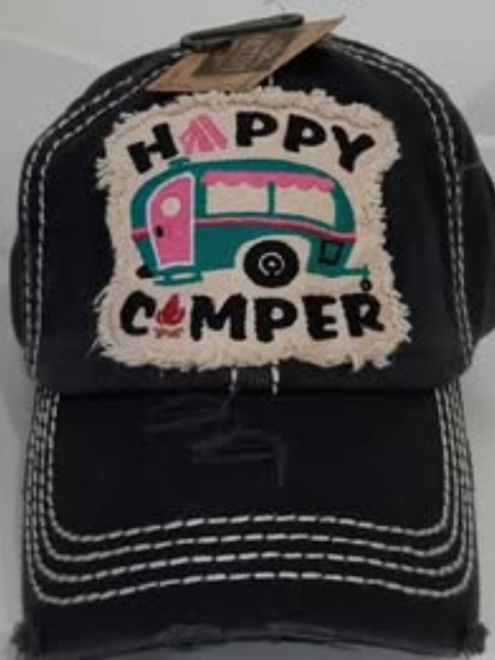 Happy Camper Baseball Cap Hat Headwear KBETHOS Vintage Look Camping Black NWT
